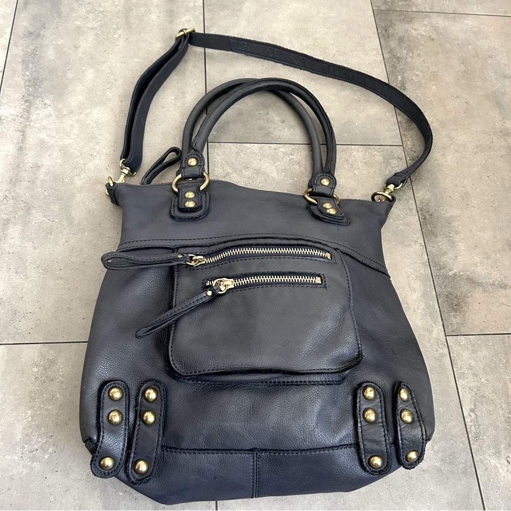 Linea Pelle dark blue leather shoulder bag with cross body strap satchel